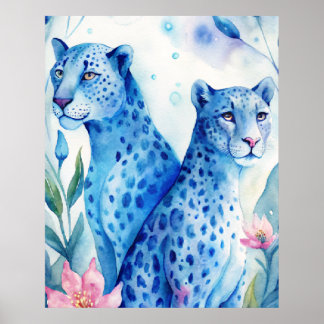 Affiche Bleu Cheetahs Art Print, Décor Mur Aquarelle