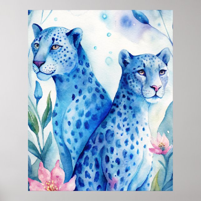Affiche Bleu Cheetahs Art Print, Décor Mur Aquarelle (Devant)