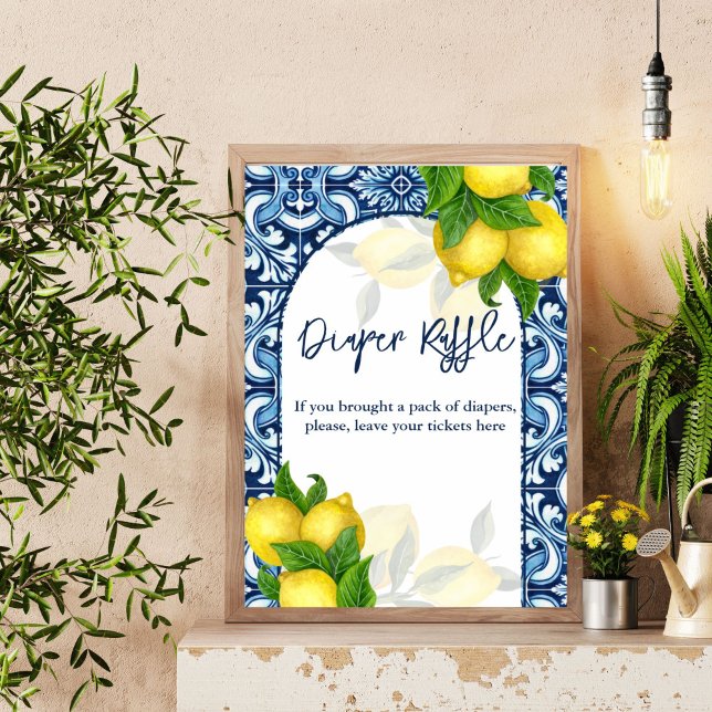 Affiche Bleu citron baby shower Amalfi signe de tombole (Blue tiles lemon Amalfi baby shower diaper raffle sign Mediterranean baby shower table sign)