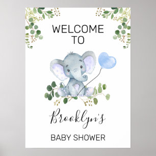 Affiche Bleu Coeur Ballon Elephant Baby shower Bienvenue