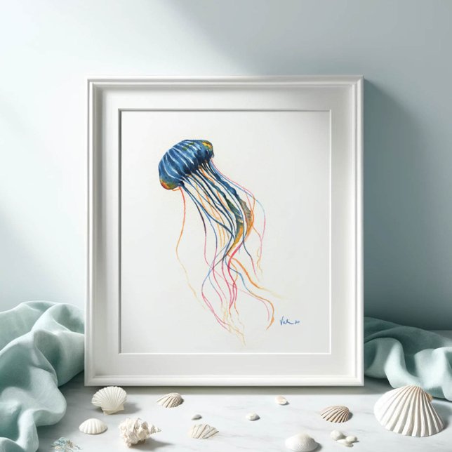 Affiche Bleu côtier Jellyfish Art Aquarelle (Watercolor paintings by Victoria Grigaliunas jellyfish print in shades of blue Shop Do Tell A Belle)