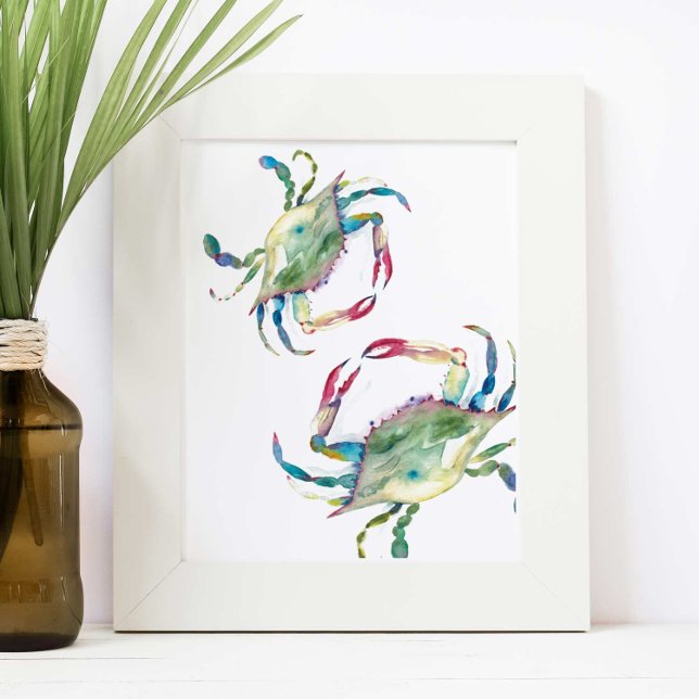 Affiche Bleu côtier Plage de crabe bleu Maison aquarelle (Unique crab wall art features watercolor blue crabs by Victoria Grigaliunas of Do Tell A Belle)