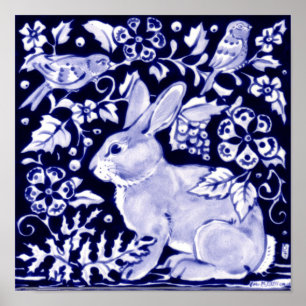 Affiche Bleu de marine classique, Oiseaux de lapin blanc D