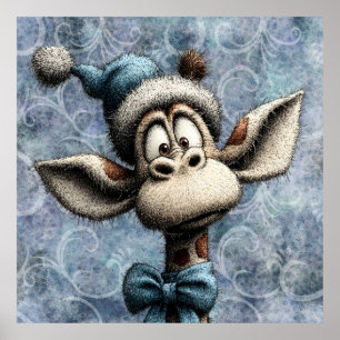 Affiche Bleu d'hiver Noël Girafe Mignon Avec Chapeau