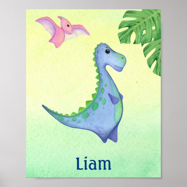 Affiche Bleu Dinosaure Nom du garçon Nursery Aquarelle Pos (Devant)