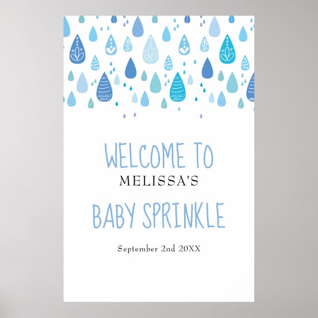 Affiche Bleu doux Raindrops Bébé Sprinkle / Douche Bienven (Devant)
