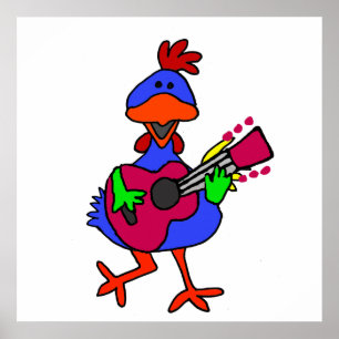 Affiche Bleu Drôle Poulet Jouer Guitare Violette