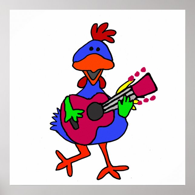Affiche Bleu Drôle Poulet Jouer Guitare Violette (Devant)