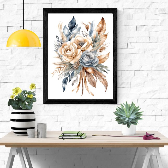 Affiche Bleu Duché Beige Neutre Couleurs Floral Boho (Boho Dusty Blue Beige Floral Botanical Feathers Watercolor Wall Art poster print)