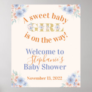 Affiche Bleu Dusty et Pêcher Floral Girls Baby shower