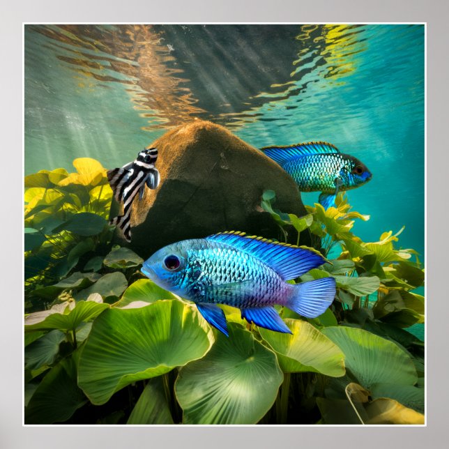 Affiche Bleu électrique Acara Cichlids Zebra Pleco Poisson (Devant)