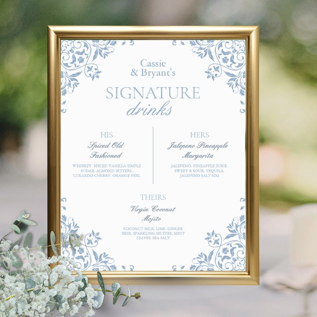 Affiche Bleu et blanc Chic Mariage Signature Boissons (Elegant blue and white vintage coastal chic wedding signature drinks bar menu sign poster his hers)