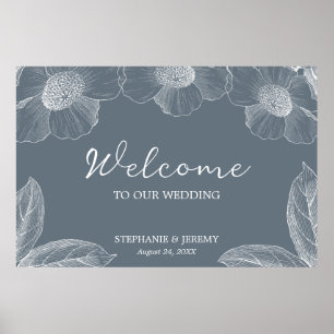 Affiche Bleu et blanc Dusty Floral Line Art