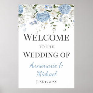 Affiche Bleu et Blanc Hydrangeas Bienvenue à Notre Mariage