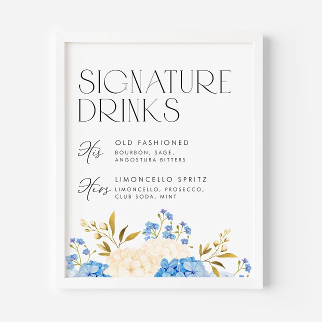 Affiche Bleu et blanc Hydrangeas Mariage Signature Boisson (Créateur téléchargé)