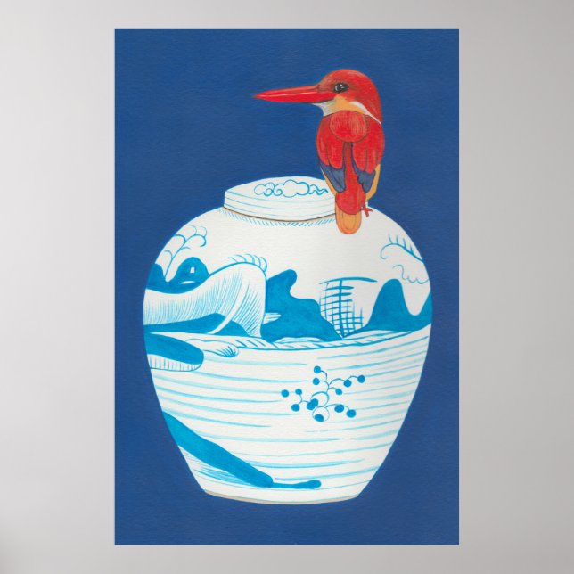 Affiche Bleu et blanc pot de gingembre avec oiseau de mart (Devant)