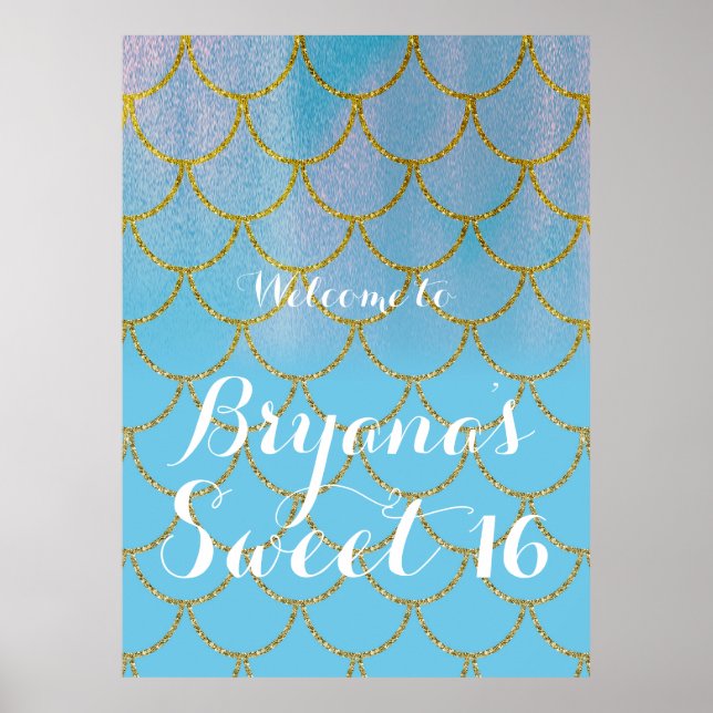 Affiche Bleu et or Iridescente Shimmer Mermaid Party (Devant)