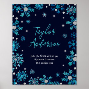 Affiche Bleu et Silver Snowflakes Statistiques de naissanc