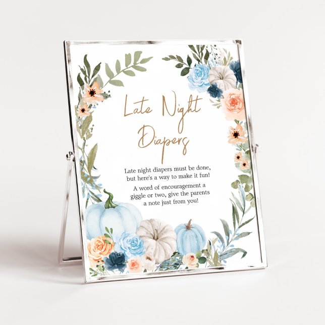 Affiche Bleu Fleurs d'automne Citrouille Diapeurs de nuit  (Autumn Little Pumpkin Baby Shower Late Night Diapers Sign)