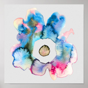 Affiche Bleu floral Abstrait dans l'aquarelle gris