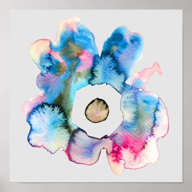 Affiche Bleu floral Abstrait dans l'aquarelle gris (Devant)