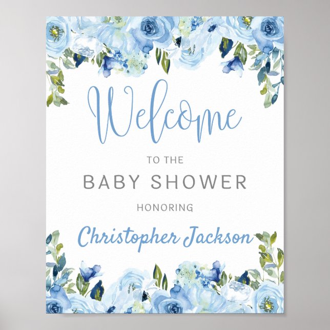 Affiche Bleu floral argent baby shower rustique signe d'ac (Devant)