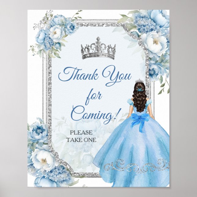 Affiche Bleu Floral Argent Couronne Quinceañera Merci (Devant)