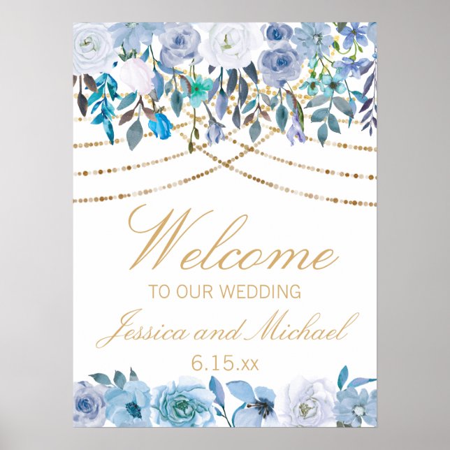 Affiche Bleu Floral Chaîne Lumières Mariage blanc Bienvenu (Devant)