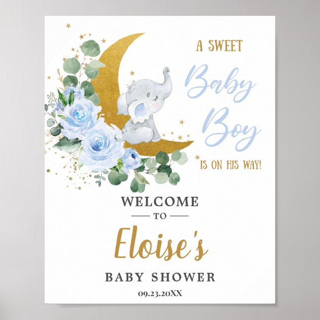 Affiche Bleu Floral Vert Eléphant Baby shower Bienvenue (Devant)