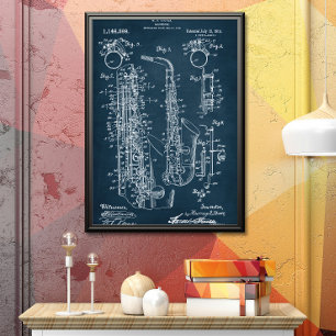 Affiche Bleu Foncé Brevet saxophone