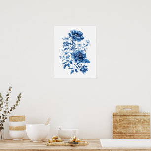 Affiche Bleu français aquarelle toile chinoiserie floral