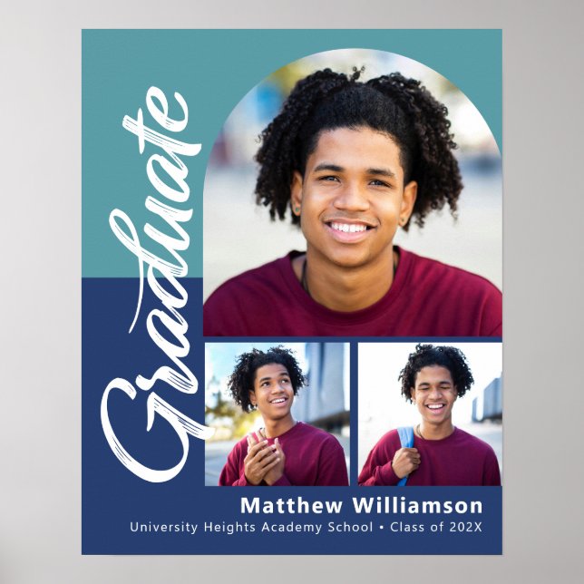 Affiche Bleu Graduation 3 Photo Bold Arch Script Moderne (Devant)