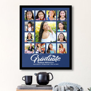 Affiche Bleu Graduation K-12 Photo Collage Script Moderne