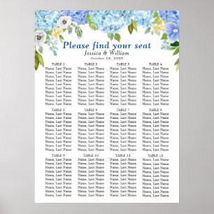 Affiche Bleu Hydrangea 12 Tables Mariage CHART DE SIÈGE