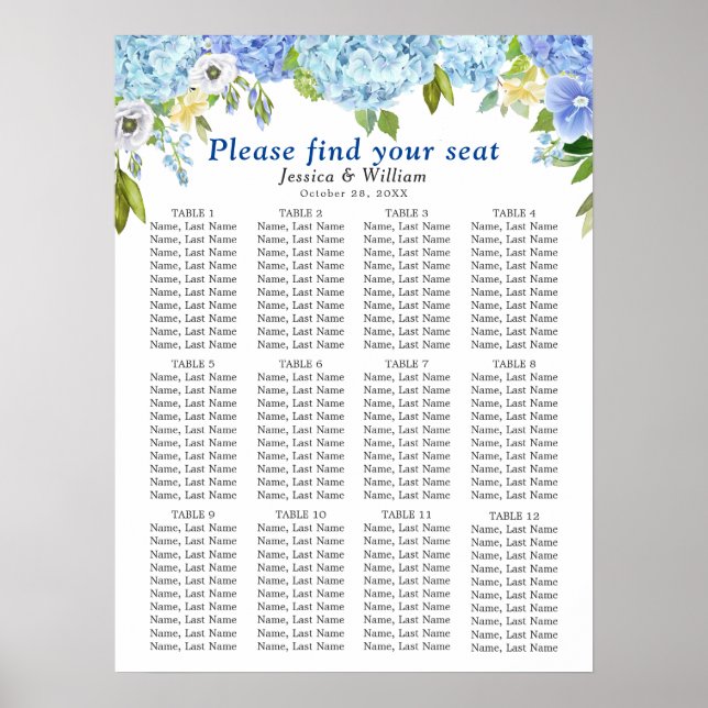 Affiche Bleu Hydrangea 12 Tables Mariage CHART DE SIÈGE (Devant)