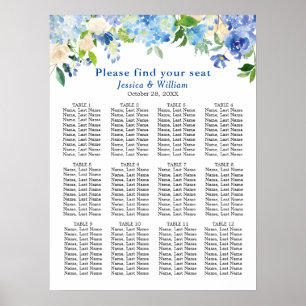 Affiche Bleu Hydrangea 12 Tables Mariage CHART DE SIÈGE