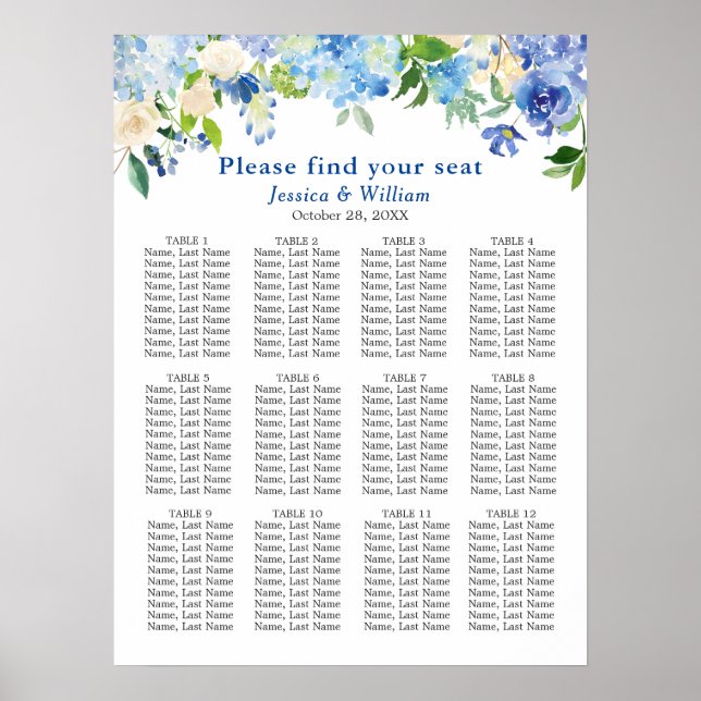 Affiche Bleu Hydrangea 12 Tables Mariage CHART DE SIÈGE (Devant)