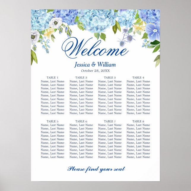 Affiche Bleu Hydrangea 8 Tables Mariage GRAPHIQUE DE SÉJOU (Devant)