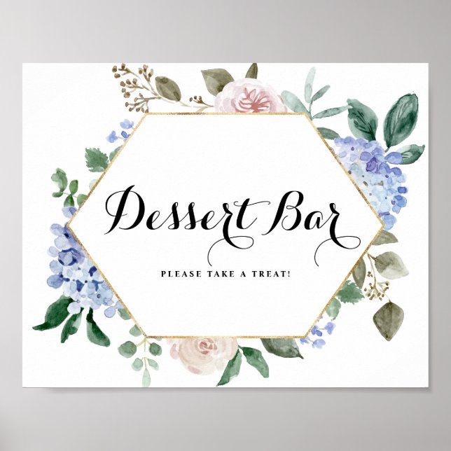 Affiche Bleu Hydrangeas et rose Roses Gold Dessert Bar (Devant)