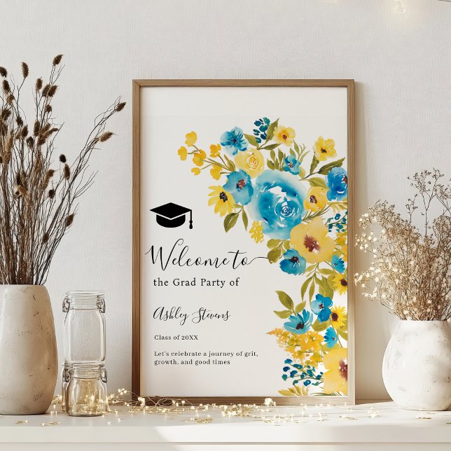 Affiche Bleu jaune gras Fleur sauvage Graduation Bienvenue (Blue Yellow Bold Wildflower Graduation Welcome Poster)