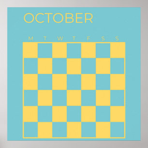 Affiche Bleu Jaune Non daté À damiers Octobre Calendrier