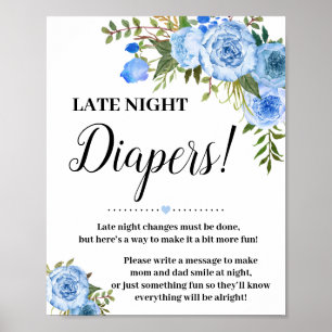 Affiche Bleu Late Night Diapers Baby shower signe de jeu