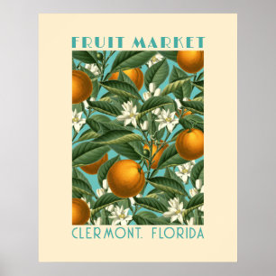 Affiche Bleu Marché aux Fruits Orange Retro