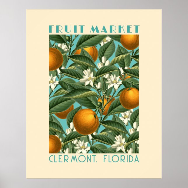 Affiche Bleu Marché aux Fruits Orange Retro (Devant)