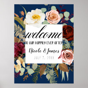 Affiche Bleu marine Marsala Rose Fleur rustique de mariage