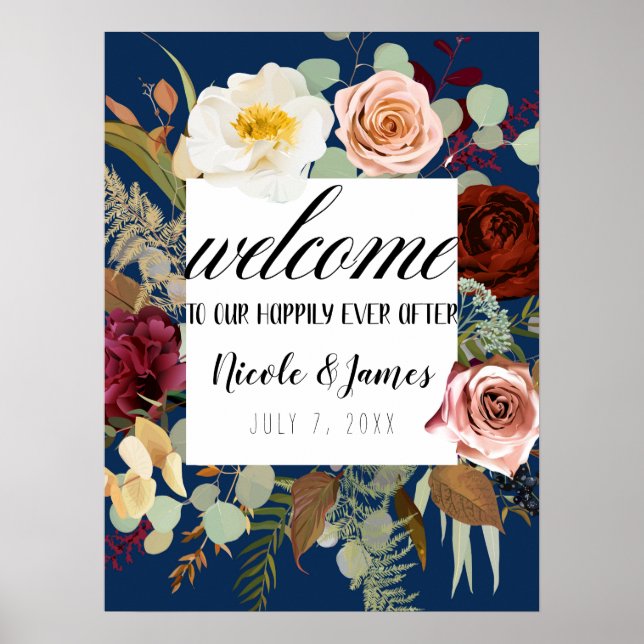 Affiche Bleu marine Marsala Rose Fleur rustique de mariage (Devant)