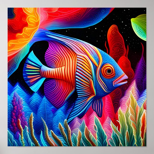 Affiche Bleu multicolore Faisant face aux poissons tropica (Devant)