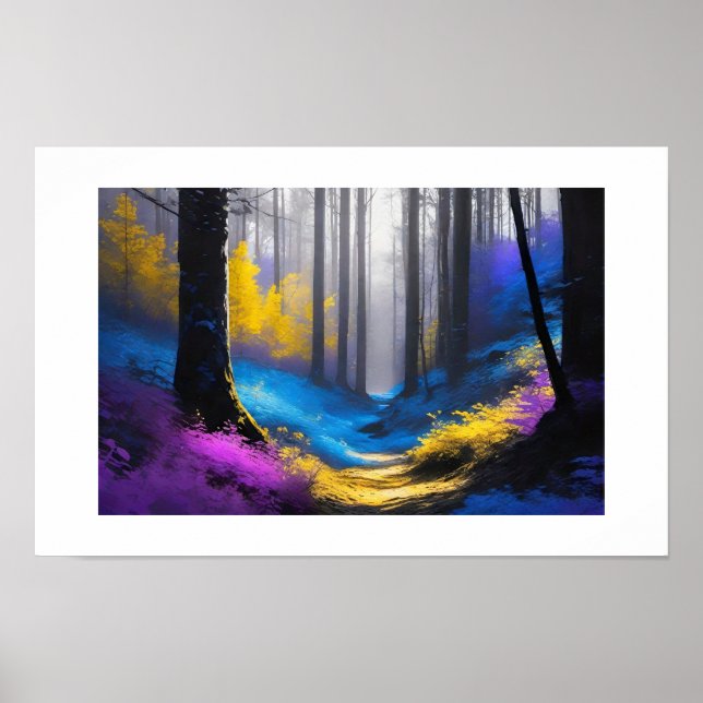 Affiche Bleu mystique Forêt violette et jaune vibre (Devant)