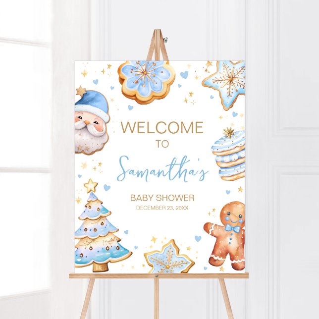 Affiche Bleu Noël Cookie Bienvenue (Boy A Little Cookie Baby Shower Welcome Sign)