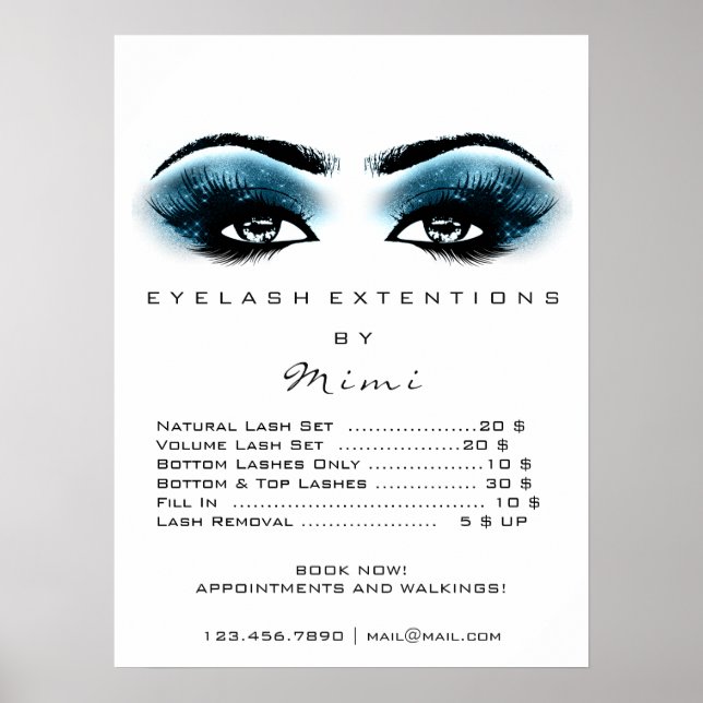 Affiche Bleu noir blanc maquillage Yeux Lashes Prix (Devant)